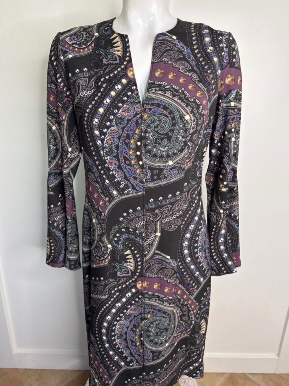 ETRO Womens Size 42 Black Paisley Sheath Dress Long Bell Sleeves Viscose